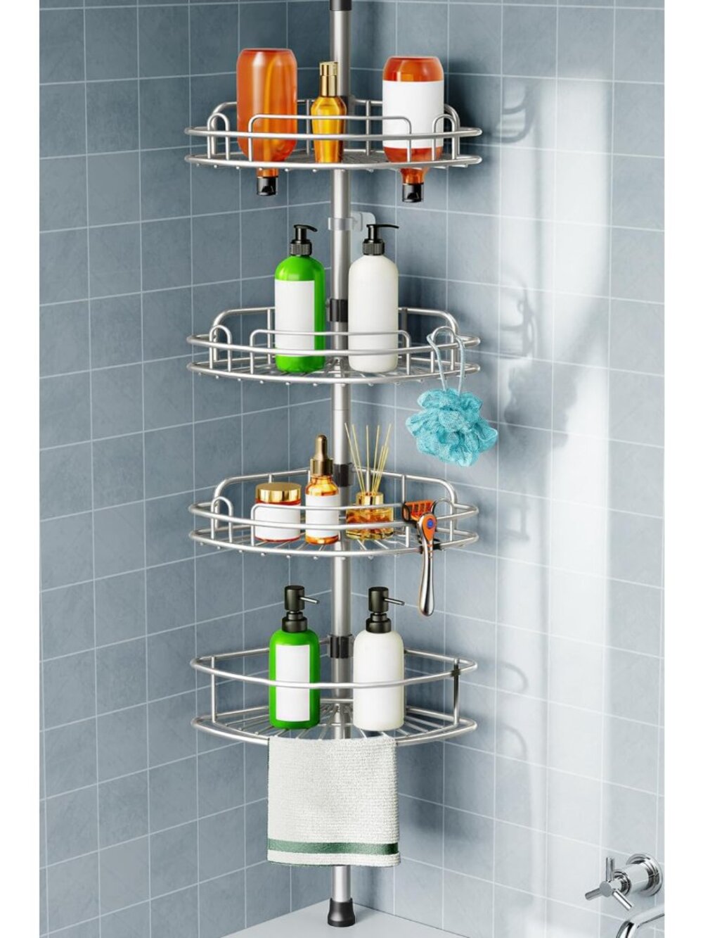 4-Tier Rustproof Shower Caddy Tension Pole - Adjustable No-Drill Bathroom